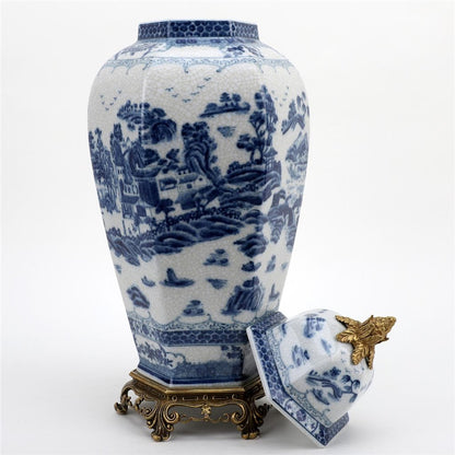 Danny’s Fine Porcelain – Octagonal Blue Willow Lidded Jar with Bronze Ormolu (8” x 8” x 19.25”H)