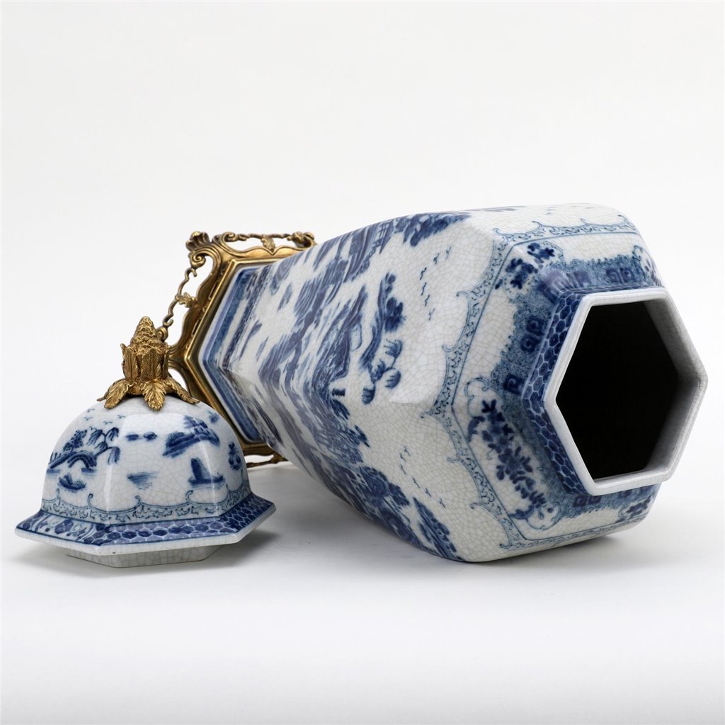 Danny’s Fine Porcelain – Octagonal Blue Willow Lidded Jar with Bronze Ormolu (8” x 8” x 19.25”H)
