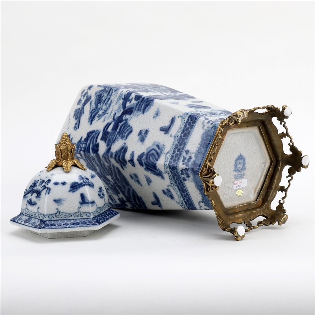 Danny’s Fine Porcelain – Octagonal Blue Willow Lidded Jar with Bronze Ormolu (8” x 8” x 19.25”H)