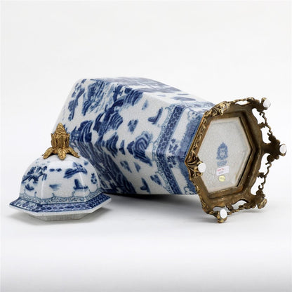 Danny’s Fine Porcelain – Octagonal Blue Willow Lidded Jar with Bronze Ormolu (8” x 8” x 19.25”H)