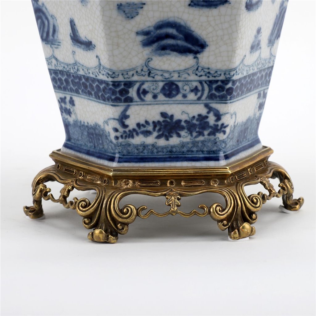 Danny’s Fine Porcelain – Octagonal Blue Willow Lidded Jar with Bronze Ormolu (8” x 8” x 19.25”H)