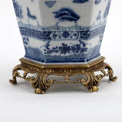 Danny’s Fine Porcelain – Octagonal Blue Willow Lidded Jar with Bronze Ormolu (8” x 8” x 19.25”H)