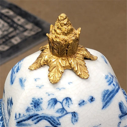 Danny’s Fine Porcelain – Octagonal Blue Willow Lidded Jar with Bronze Ormolu (8” x 8” x 19.25”H)