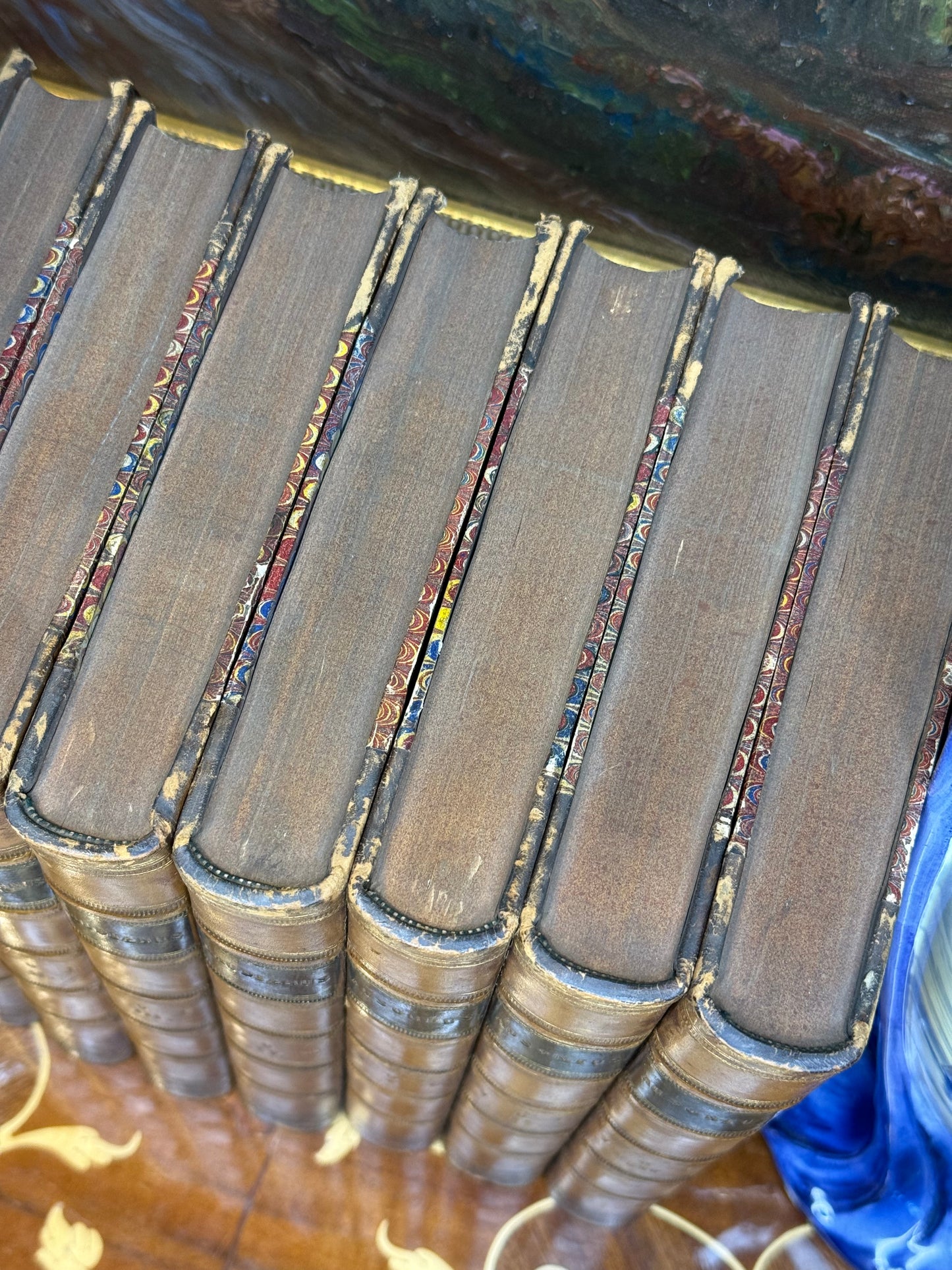 Antique Early 19th Century Latin Classical Library Book Collection, Set of 7 | Full Leather & Marbled Bindings | 1821–1823