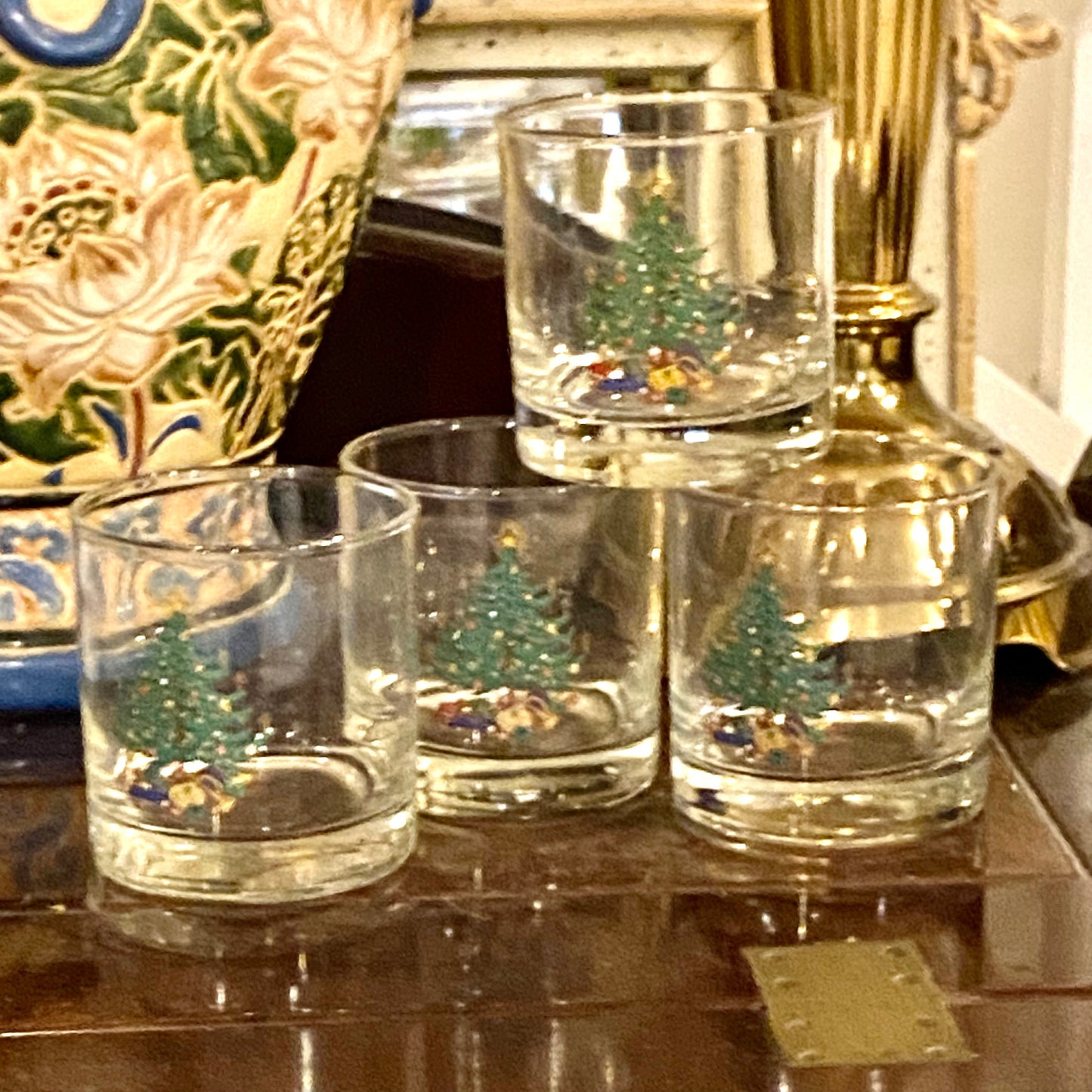 Set of 4 Christmas tree juice old fashion glasses
