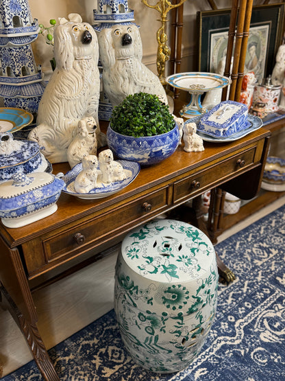 Chinoiserie 18” Green & White Porcelain Garden Stool – Pierced Drum Form with Floral Scrollwork