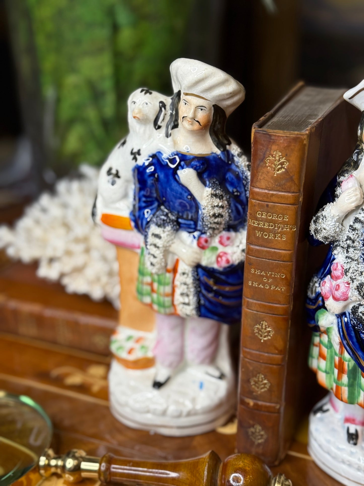 Antique Staffordshire Couple with Spaniel – Hand-Painted Figurines (c. 1860–1880), 9” Tall – Pair