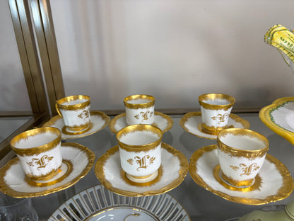 Antique Monogrammed Limoges Porcelain Cups & Saucers, Set of 6, Hand-Painted, French & German, c. 1900