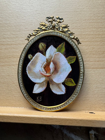 White orchid riginal oil painting in bronze antique frame