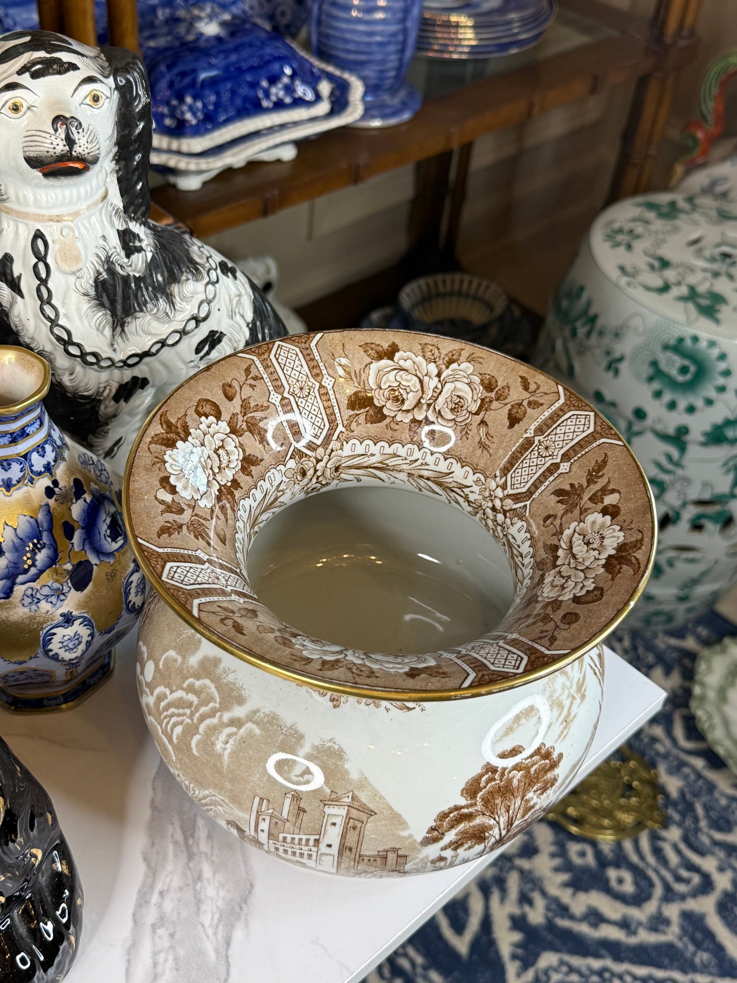 Pair of Antique Cauldon Brown & White Spittoons | Circa 1900 | 5.5"H x 7.5"D Each | Style DA4343
