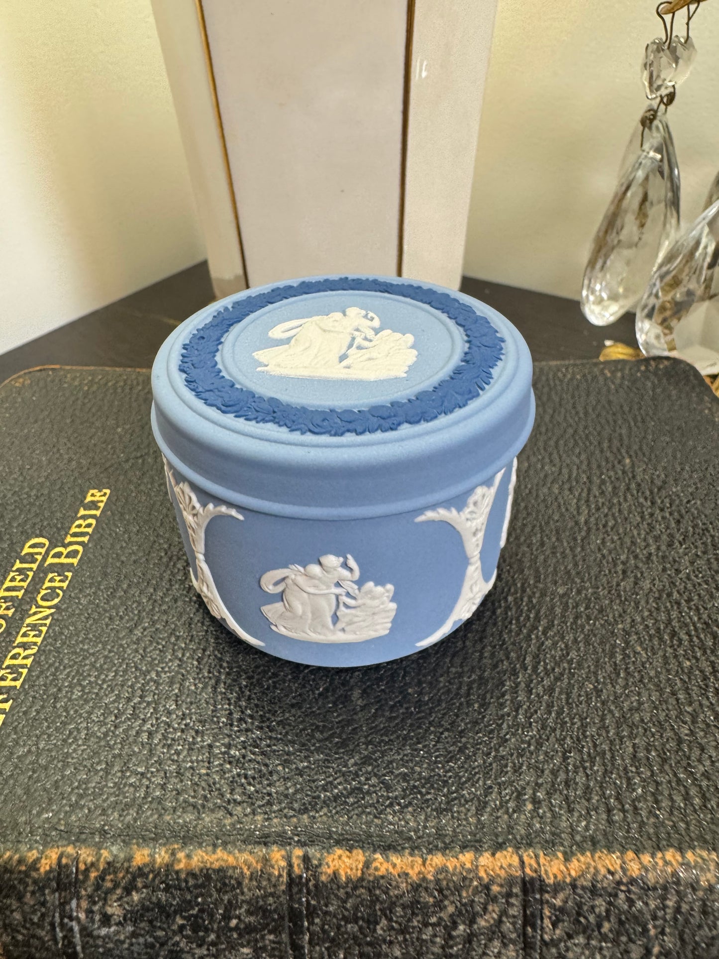Wedgwood lavender and dark blue round trinket box