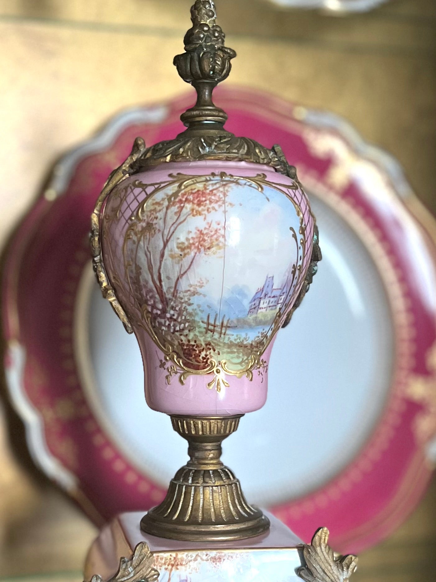 Antique French Sevres Style Porcelain & Bronze Ormolu Garniture Urns – Hand Painted Landscapes