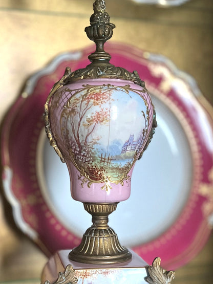 Antique French Sevres Style Porcelain & Bronze Ormolu Garniture Urns – Hand Painted Landscapes