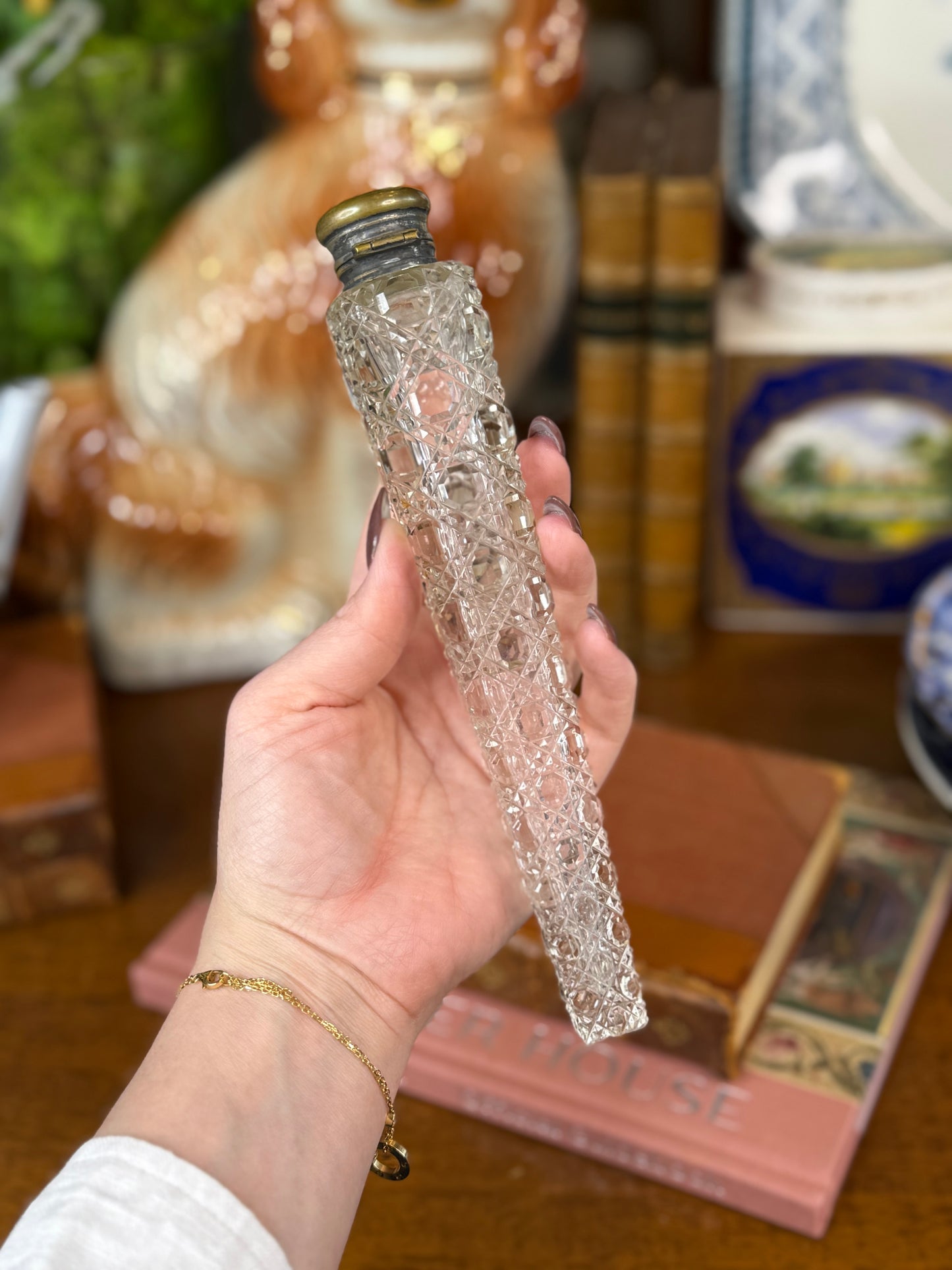 Antique Victorian Cut Crystal Scent Bottle with Silver-Over-Copper Hinged Cap | 8.5”