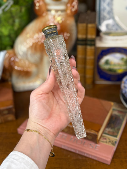 Antique Victorian Cut Crystal Scent Bottle with Silver-Over-Copper Hinged Cap | 8.5”