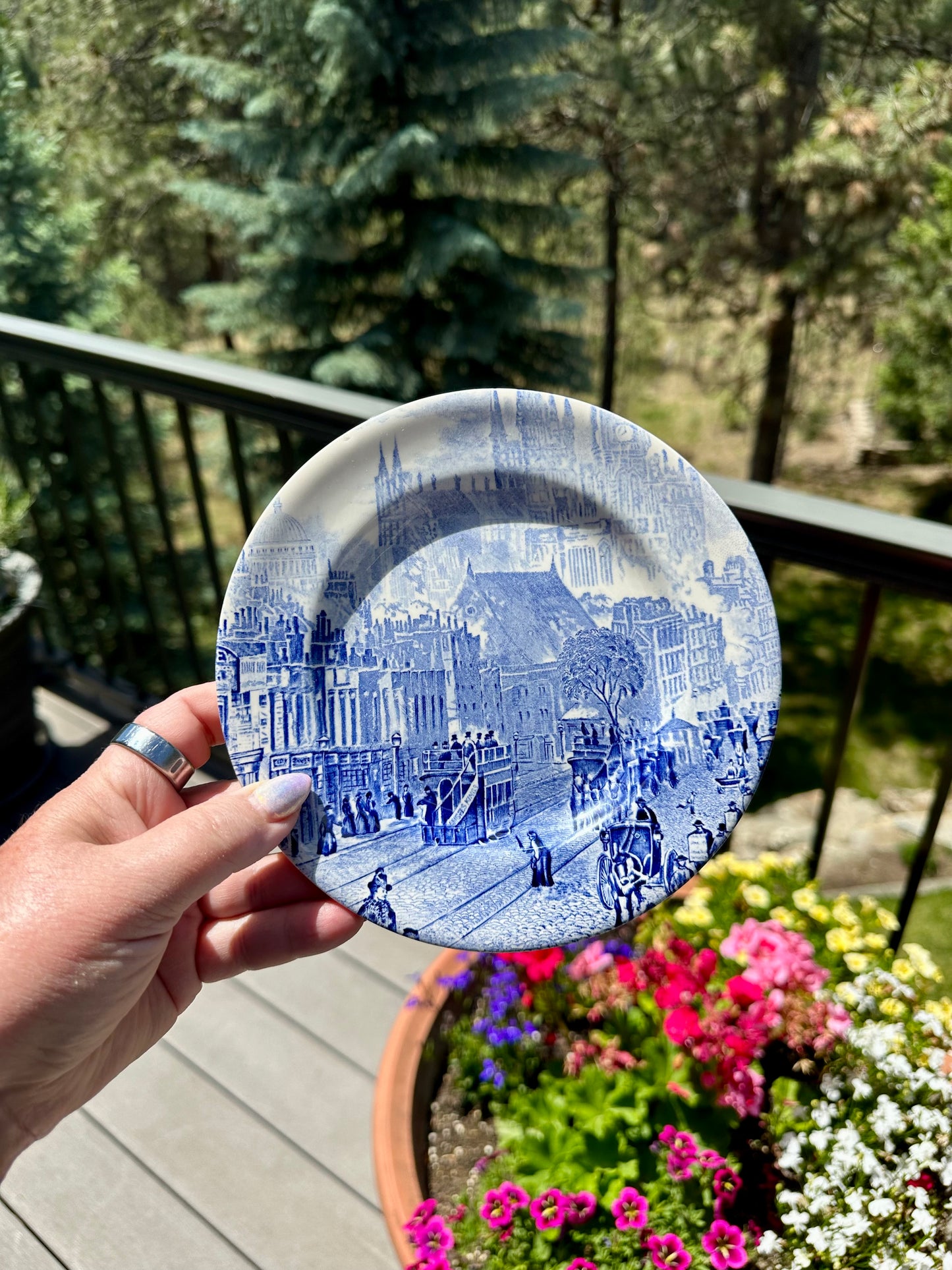 Pair of EIT England Blue & White Transferware Plates | London Landmarks & Street Scene | 6⅞”