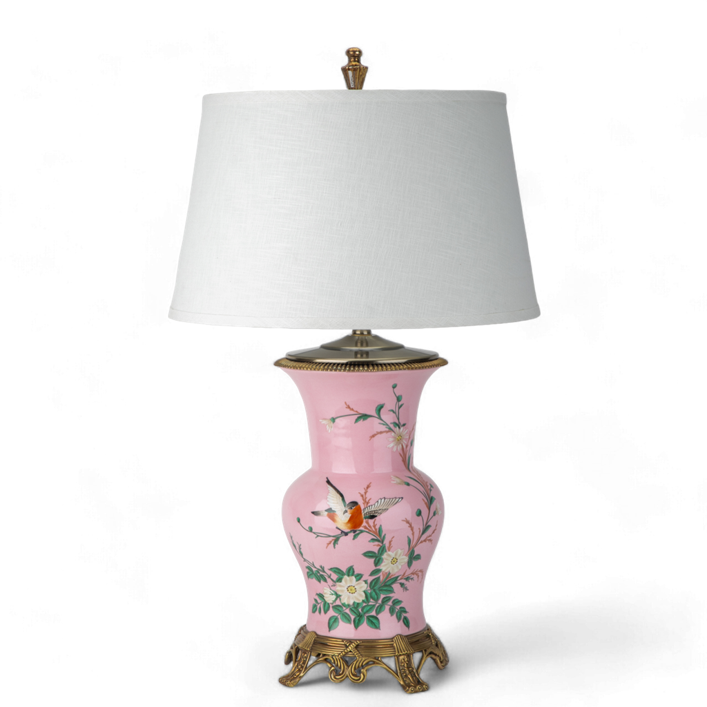 Danny's Fine Porcelain: Pink Porcelain Floral And Bird Pattern Round Vase Lamp With Bronze Ormolu In Pink Garden Collection - 17LX17HX29H