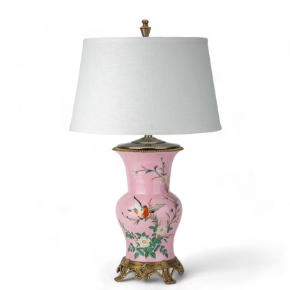 Danny's Fine Porcelain: Pink Porcelain Floral And Bird Pattern Round Vase Lamp With Bronze Ormolu In Pink Garden Collection - 17LX17HX29H