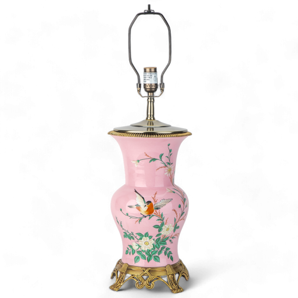 Danny's Fine Porcelain: Pink Porcelain Floral And Bird Pattern Round Vase Lamp With Bronze Ormolu In Pink Garden Collection - 17LX17HX29H
