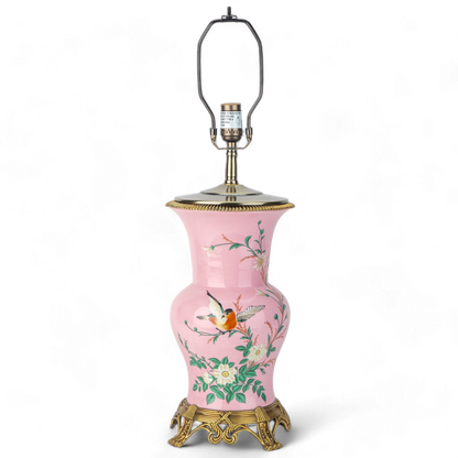 Danny's Fine Porcelain: Pink Porcelain Floral And Bird Pattern Round Vase Lamp With Bronze Ormolu In Pink Garden Collection - 17LX17HX29H