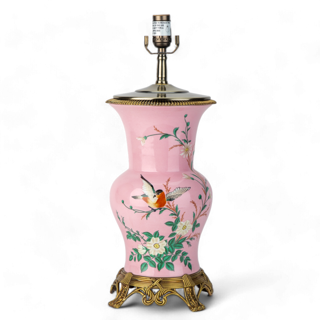 Danny's Fine Porcelain: Pink Porcelain Floral And Bird Pattern Round Vase Lamp With Bronze Ormolu In Pink Garden Collection - 17LX17HX29H