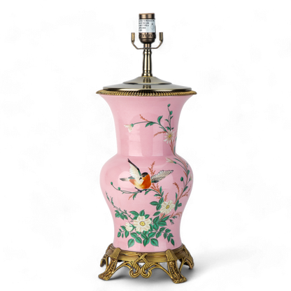 Danny's Fine Porcelain: Pink Porcelain Floral And Bird Pattern Round Vase Lamp With Bronze Ormolu In Pink Garden Collection - 17LX17HX29H