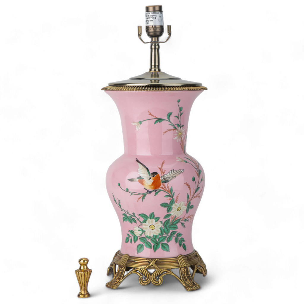Danny's Fine Porcelain: Pink Porcelain Floral And Bird Pattern Round Vase Lamp With Bronze Ormolu In Pink Garden Collection - 17LX17HX29H