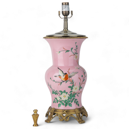 Danny's Fine Porcelain: Pink Porcelain Floral And Bird Pattern Round Vase Lamp With Bronze Ormolu In Pink Garden Collection - 17LX17HX29H
