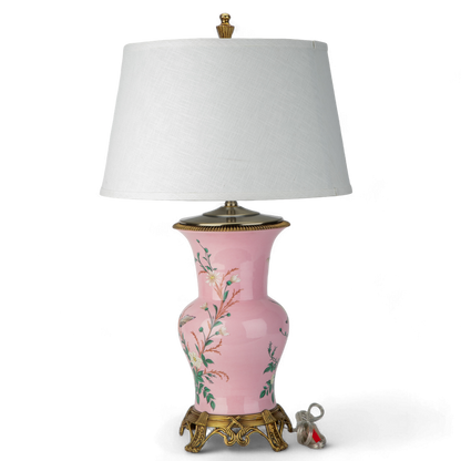 Danny's Fine Porcelain: Pink Porcelain Floral And Bird Pattern Round Vase Lamp With Bronze Ormolu In Pink Garden Collection - 17LX17HX29H