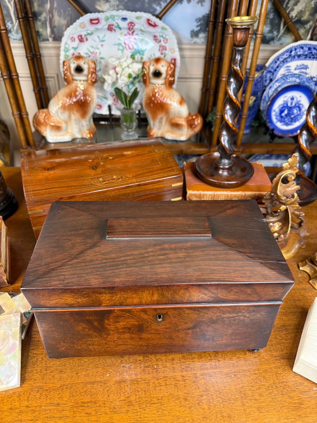Antique Victorian Mahogany Smoking Compendium with Cut Crystal Tobacco Jar & Fitted Interior, c. 1890–1910 – 12”W
