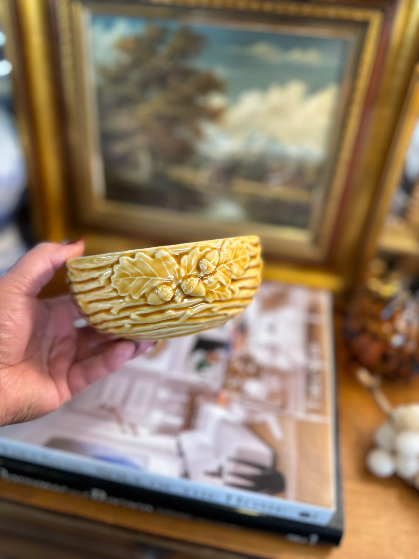 Vintage Bordallo Pinheiro "Oak Leaf Gold" Bowl, Made in Portugal, 5.5"