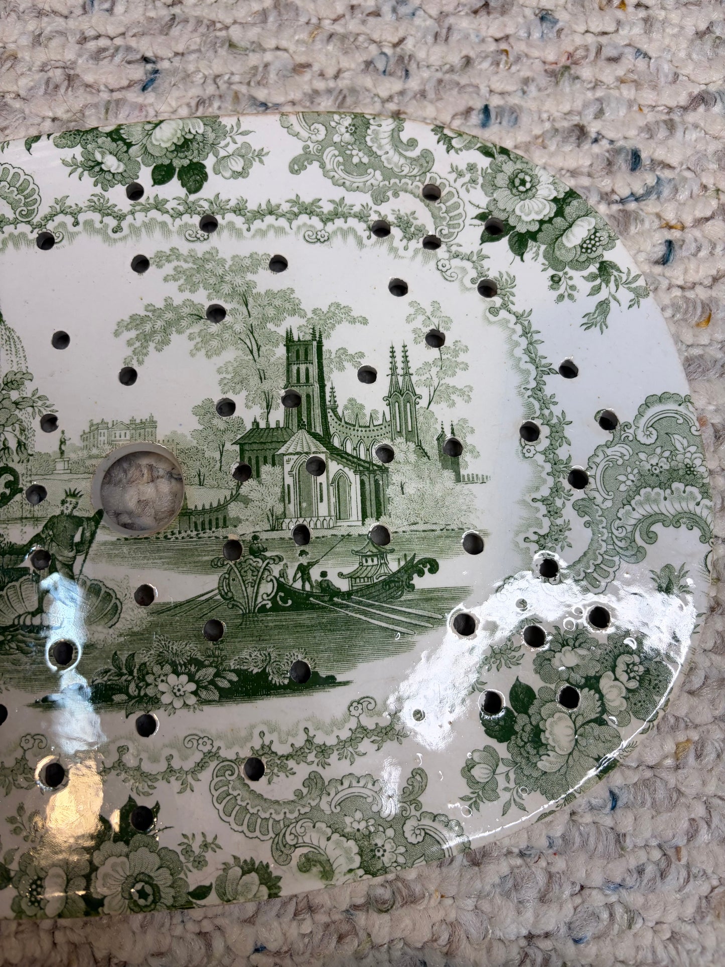 Stunning antique William Adams & Sons "Fountain Scenery" green and white transferware platter with strainer!
