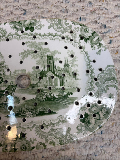 Stunning antique William Adams & Sons "Fountain Scenery" green and white transferware platter with strainer!