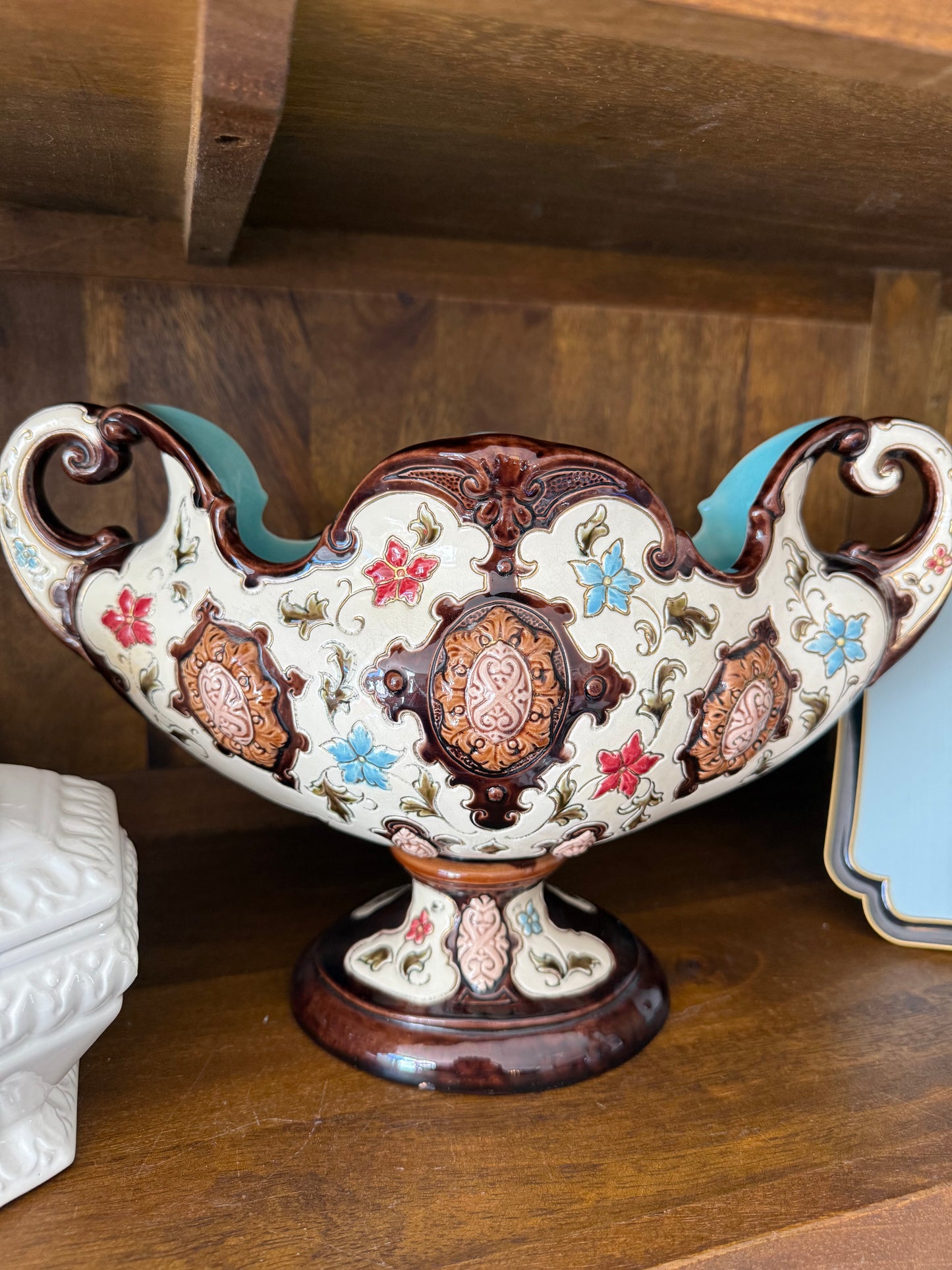 Antique Majolica 12” Pedestal Centerpiece Jardinière