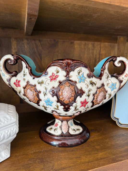 Antique Majolica 12” Pedestal Centerpiece Jardinière