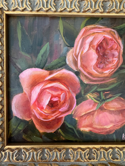 Original artwork “roses in the garden” 9 1/2 x 9 1/2” vintage style frame