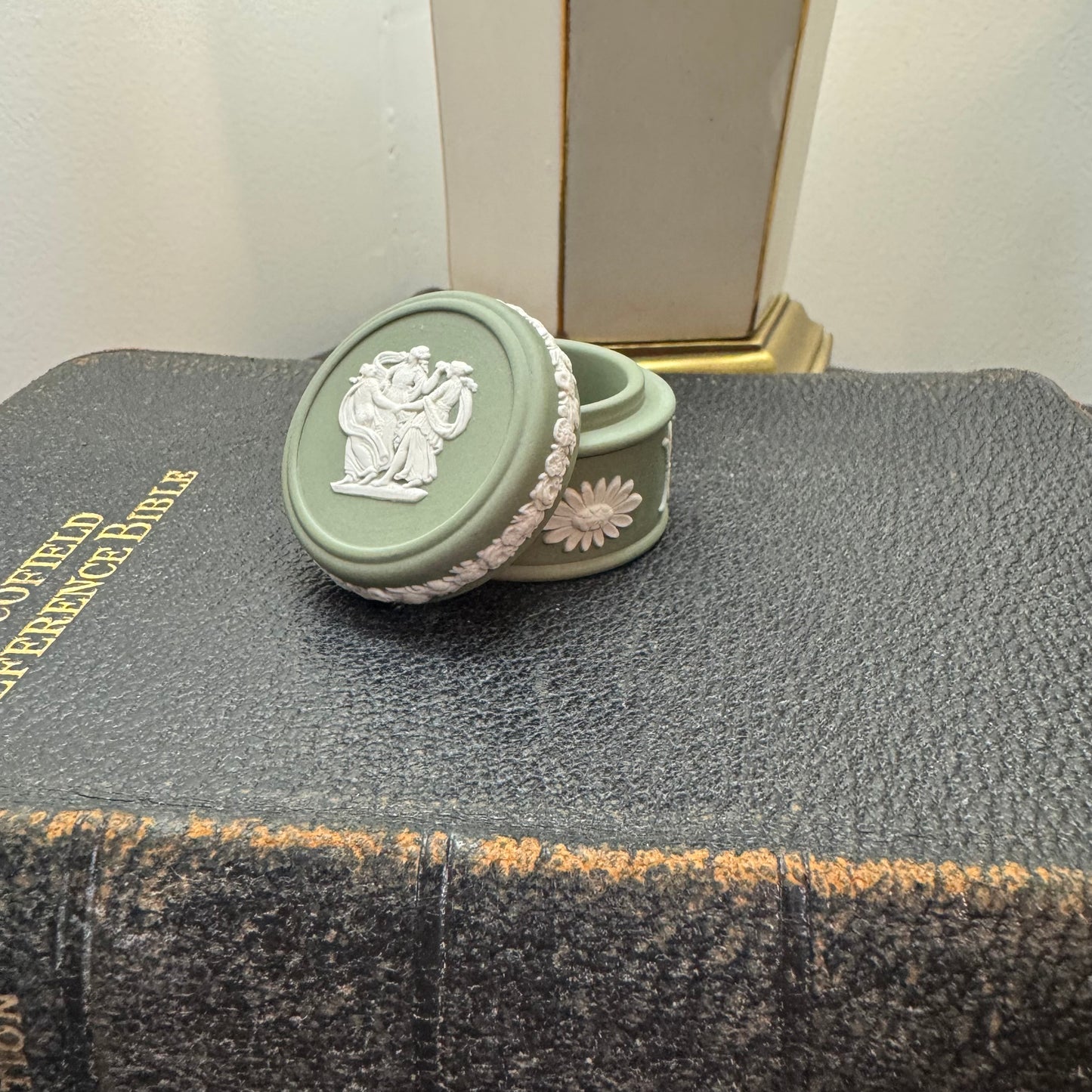 Reserved Wedgwood sage green round pill box