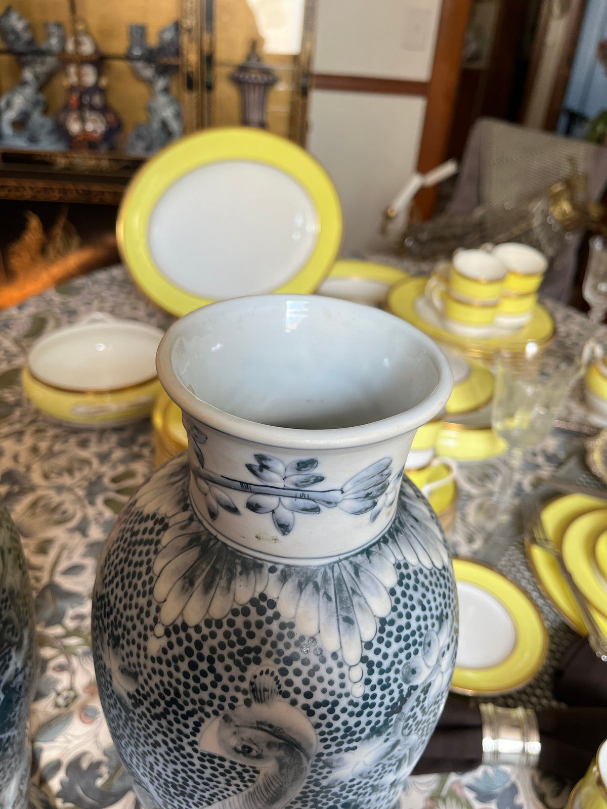 Exquisite Pair of Maitland-Smith Blue And White Peacock Vases, Hand-Painted Raised Relief on Dotted Ground, 16”