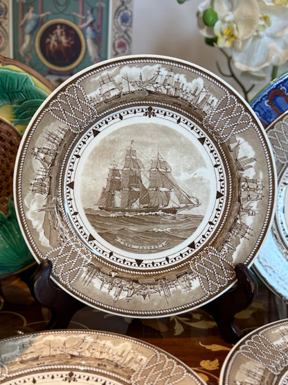Vintage Set of (5) Wedgwood “The American Clipper Ship Plates” 9” Brown Transferware Nautical Plates – England
