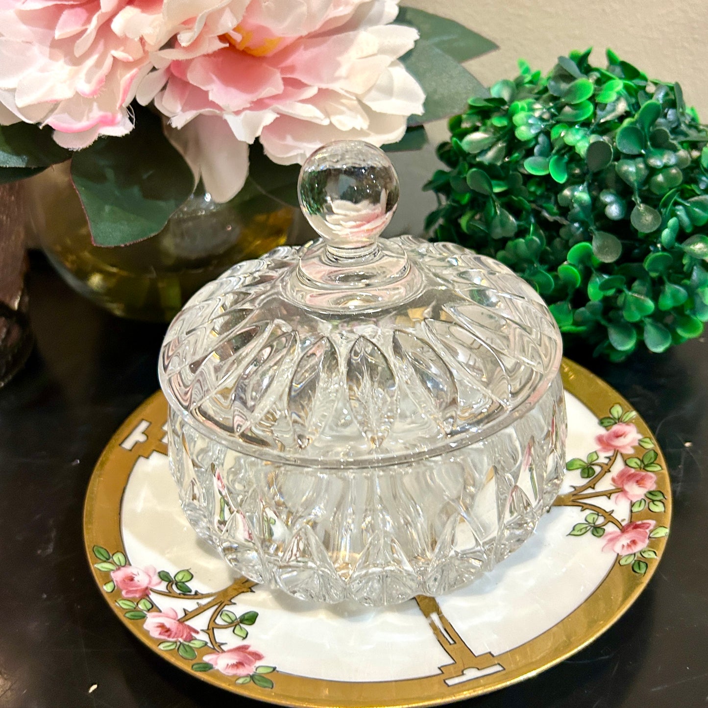 Sparkling Vintage lidded candy dish or trinket jar