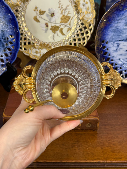 Cut Crystal Ice Bucket with Gilt Metal Mounts & Ladle | Clear & Gold | Vintage | 6” H × 7” W | #DA4598