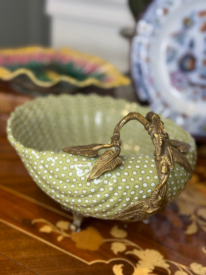 Danny’s Fine Porcelain Limited Edition Bronze Shell Footed Bowl | Olive Green Polka Dot Porcelain Centerpiece | 9”