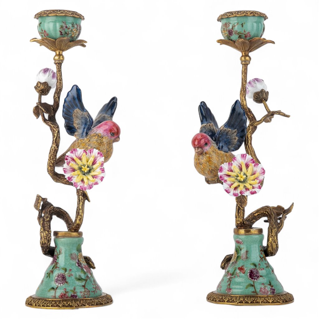 Danny’s Fine Porcelain: 13” Porcelain Bird Candelabra with Bronze Ormolu (Bird Figure Collection)