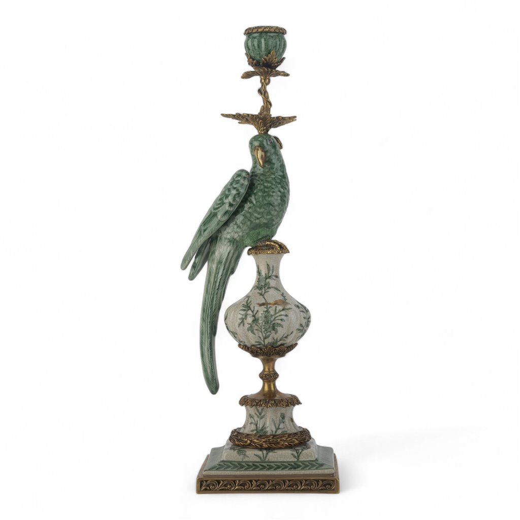 Danny's Fine Porcelain Green & White Bronze Parrot Candle Holders Pair 6.5"L × 6"W × 18.5"H#61025