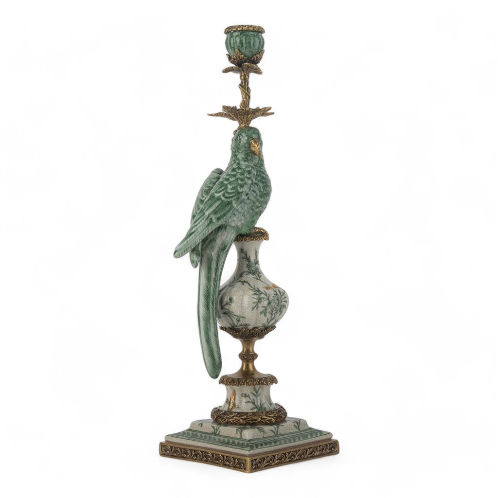 Danny's Fine Porcelain Green & White Bronze Parrot Candle Holders Pair 6.5"L × 6"W × 18.5"H#61025