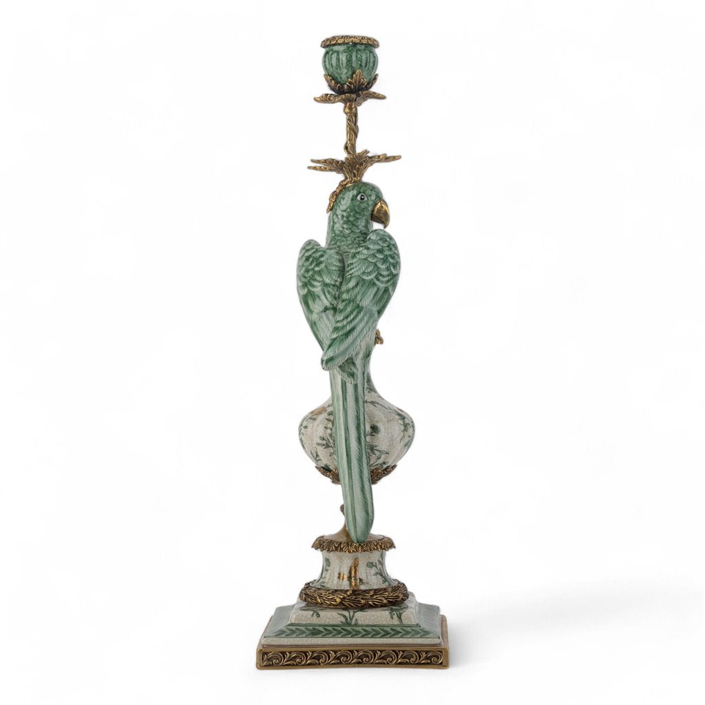 Danny's Fine Porcelain Green & White Bronze Parrot Candle Holders Pair 6.5"L × 6"W × 18.5"H#61025