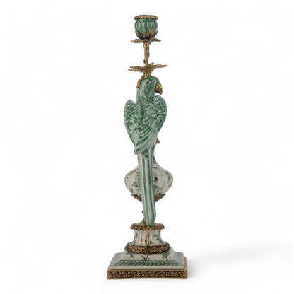 Danny's Fine Porcelain Green & White Bronze Parrot Candle Holders Pair 6.5"L × 6"W × 18.5"H#61025