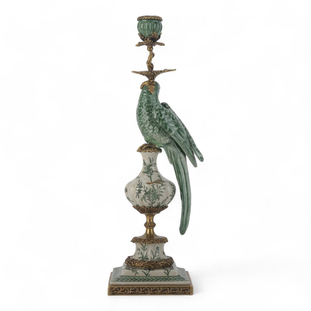Danny's Fine Porcelain Green & White Bronze Parrot Candle Holders Pair 6.5"L × 6"W × 18.5"H#61025