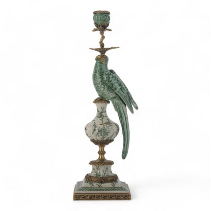 Danny's Fine Porcelain Green & White Bronze Parrot Candle Holders Pair 6.5"L × 6"W × 18.5"H#61025