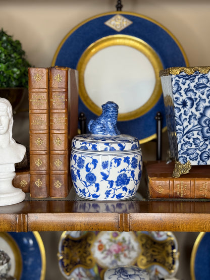Danny’s Fine Porcelain: Blue & White Porcelain Foo Dog Lidded Box with Floral Motif